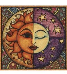 the sun and moon are depicted in this colorful art piece, which is made with colored pencil