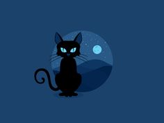 a black cat sitting in front of a full moon