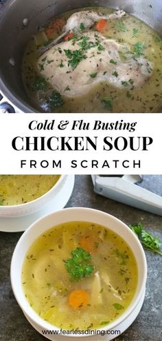 chicken soup with carrots and parsley in a pot on the stove top, next to another bowl full of chicken