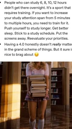 a woman is standing in front of a book shelf with stacks of books on her back