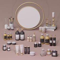 an assortment of skin care products displayed in front of a round mirror on a pink background