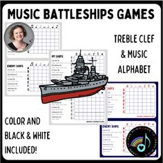 a poster with music battleship games and color and black and white pictures for kids to play