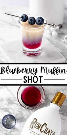 the blueberry muffin shot is served in a small glass with an ice cream topping