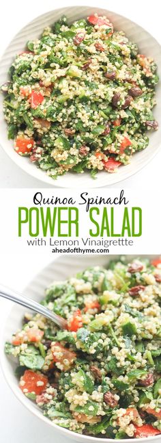 quinoa spinach and power salad with lemon vinaigrete in a white bowl