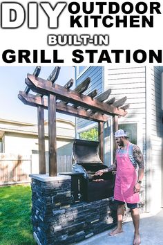 a woman standing next to an outdoor grill on the side of a house with text overlay