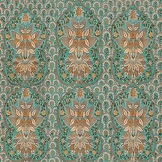 an intricately designed wallpaper with flowers and leaves in blue, green, yellow and brown colors