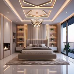 a modern bedroom with a large bed and fireplace