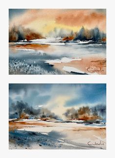 two watercolor paintings with trees and clouds in the background