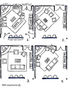 three floor plans for a living room and bedroom