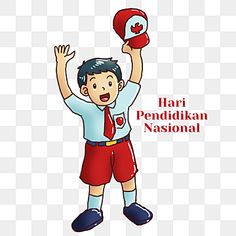 a boy holding up a red hat with the words har pendikkan national