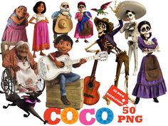 a collage of cartoon characters with the words coco png on them and an image of a skeleton playing guitar