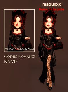 an image of a woman dressed in gothic clothing and holding a purse with the caption, without custom make - up gothic romance no vip