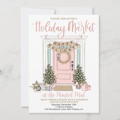 holiday market at the painted door card with pink front door and christmas wreath on it