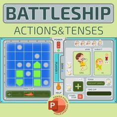 an image of a game with the words battleship, actions and tenses on it