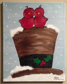 a painting of two birds sitting on top of a brown hat with holly berries in the snow