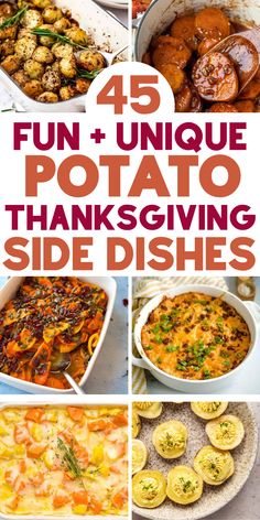 Unique potato side dishes for Thanksgiving, including mashed potato and sweet potato recipes, cheesy potatoes and scalloped potato dishes for your holiday menu. Fall Potato Side Dishes, Thanksgiving Potatoes Side Dishes, Best Potato Side Dishes, Unique Thanksgiving Side Dishes, Potato Meals, Side Dishes For A Crowd, Thanksgiving Potatoes Recipes, Side Dishes For Thanksgiving, Dishes For Thanksgiving