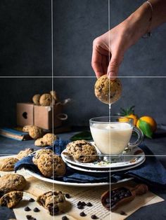 a cookie being dunked into a glass of milk