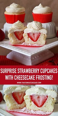 strawberry cupcakes with cheesecake frosting and strawberries in the middle on a plate