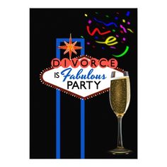 a party sign with a champagne glass in front of it