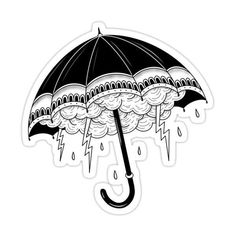 black and white drawing of an umbrella in the rain with lightnings coming from it