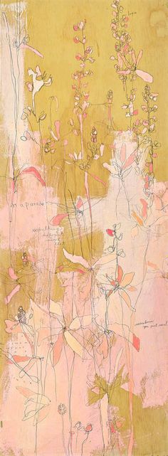 an abstract painting with pink and yellow flowers