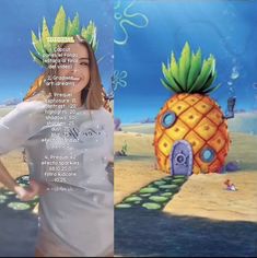 a woman standing in front of a painting with a pineapple on it's head