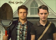 two men standing next to each other holding shovels in front of a house with the words spike gothic on it