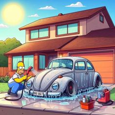 the simpsons car washes up in front of his house