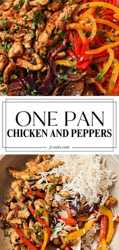 one pan chicken and peppers recipe is shown in this image with the title above it