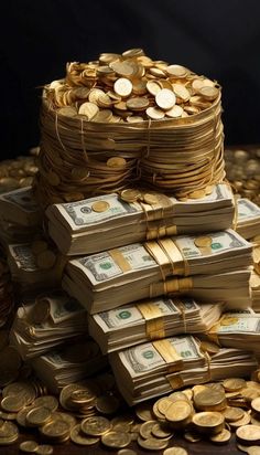 stacks of money sitting on top of each other next to piles of gold and silver coins