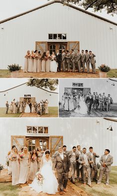 the wedding party is posing for pictures in front of an old barn and other photos