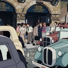 cartoon cars parked in front of a building with people standing around it and talking to each other