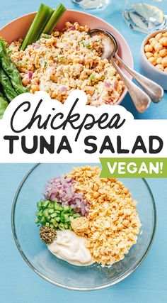 chicken tuna salad in a bowl on a blue table with the words, chickpea tuna salad vegan