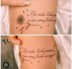 two pictures with words on them and one has a dandelion tattoo