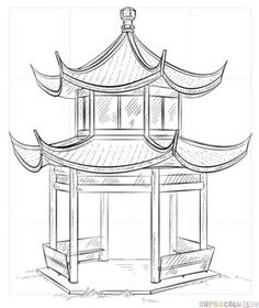 a drawing of a pagoda in the shape of a building