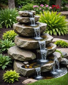 a water fountain in the middle of a garden with rocks and plants around it,