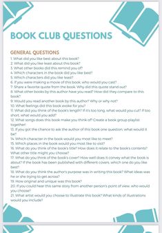 a book club question sheet with the words general questions written in blue and white on it