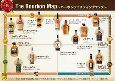 the bourbon map is full of different types of liquors in each language, including english and japanese characters