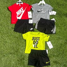 Boys Nike Set, Dri-Fit Shorts And Shirt, Size 12m New With Tags * * * Sold As Set Of 3 ***( 6 Pieces Total ) Gray Playwear Sets For Summer, Nike Sets With Letter Print And Short Sleeve, Nike Black Summer Sets, Nike Sets, Nike Set, Boys Nike, Kids Nike, Nike Black, Workout Shorts