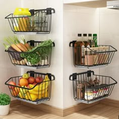 three baskets filled with fruits and vegetables on the wall