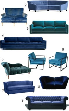 blue velvet sofas and chairs in different styles