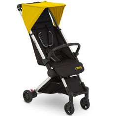 a yellow and black stroller with wheels