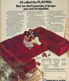 an advertisement for a red sectional sofa with two people sitting on it and the caption says, it's called the playpenn but we don't promise it keeps you out of mische