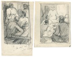 two drawings of people sitting and standing in front of a mirror with one person looking at the other