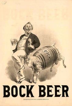 an old advertisement for beer with a man holding a barrel and a dog standing next to it