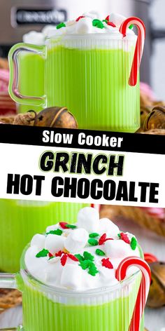 Warm up your holiday with this festive Grinch Hot Chocolate! Made in the slow cooker, it's the perfect cozy drink for your Grinch party food spread. Looking for fun Christmas ideas for kids? This creamy, green hot chocolate will be a hit at any holiday gathering or Grinch movie night! #Grinch The Grinch Recipes, Grinch Drink For Kids, Grinch Party Food, Green Hot Chocolate, Grinch Movie Night, Grinch Hot Chocolate, Fun Christmas Ideas, Christmas Ideas For Kids, Grinch Night