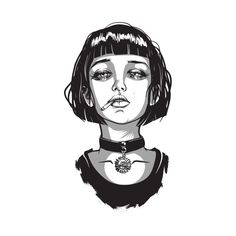 a black and white drawing of a woman's face with her hair in bangs