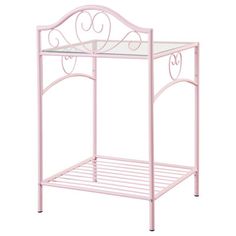 a pink metal shelf with glass top