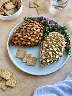 a white plate topped with pine cones and crackers next to a bowl of nuts