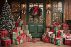 christmas presents are piled up in front of a green door